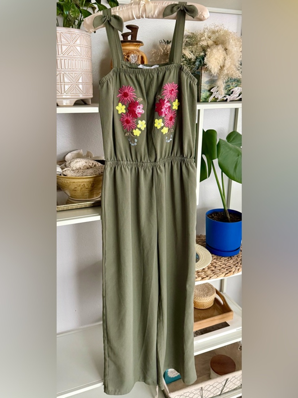 Girls Olive Green Floral Embroidered Jumpsuit
